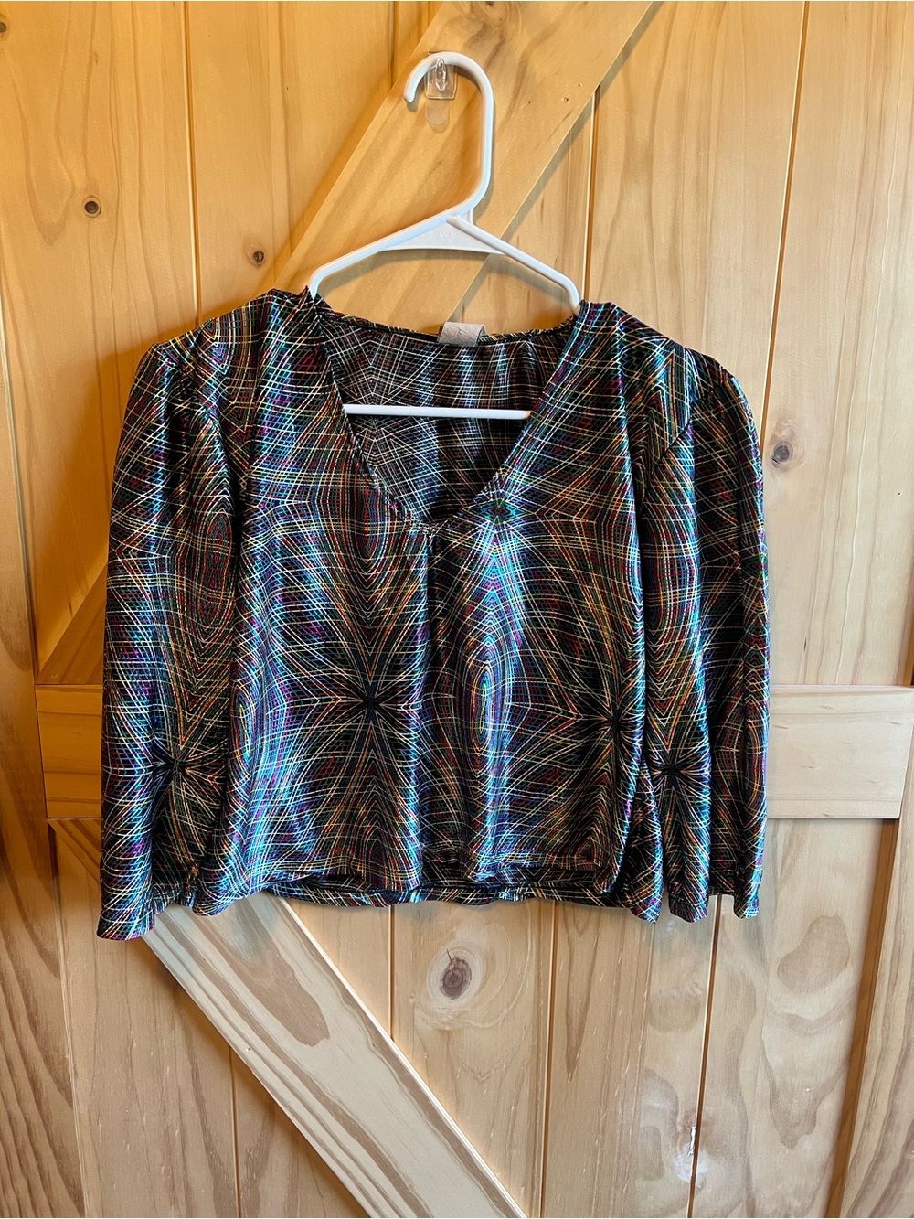 Vintage Vizio Psychedelic Geometric V-Neck Long Sleeve Crop S Top Hippie Retro